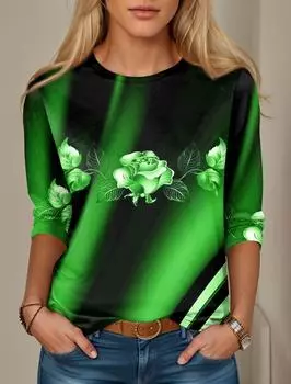 Женская футболка с цветочным принтом, красный, синий, фиолетовый, топы с длинным рукавом, модные на выходные, с круглым вырезом, стандартный крой, весна и осень S