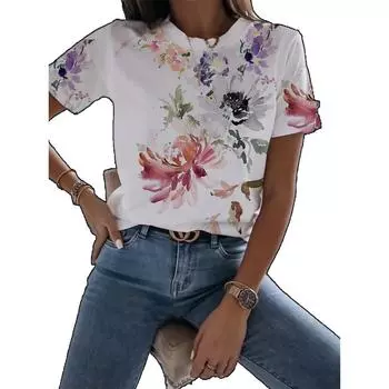 Женская футболка с цветочным принтом, круглый вырез, базовая, больших размеров, белая/с 3D-принтом, цветочный ботанический принт, футболка с коротким рукавом XS