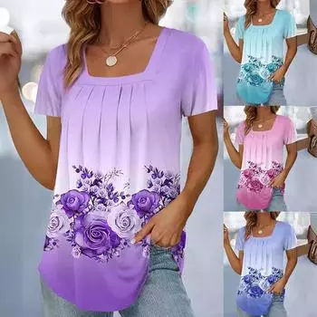 Женская футболка с цветочным принтом, квадратный вырез, плиссированная спереди, с коротким рукавом, модный пуловер, топ, женская летняя повседневная футболка для женщин S розы красного