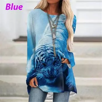 Женская футболка с цветочным принтом, повседневная футболка для выходных с изображением белого тигра, футболка с 3D принтом, футболка с длинным рукавом и принтом, круглый вырез, базовый XS-8XL S