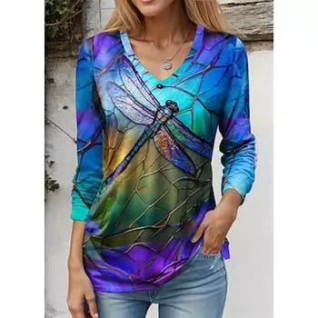 Женская футболка с цветочным принтом, повседневная, праздничная, модная, с длинным рукавом, с V-образным вырезом, темно-синяя, весна и осень S
