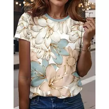Женская футболка с цветочным принтом, повседневная, с коротким рукавом, круглым вырезом, обычные топы, повседневный принт, светло-голубое лето S