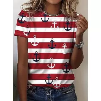 Женская футболка с цветочным принтом, повседневная, с коротким рукавом, круглым вырезом, обычные топы, повседневный принт, белый, винный, темно-синий, синий, пыльно-голубой, лето S