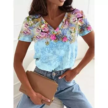Женская футболка с цветочным принтом, повседневная, с коротким рукавом, с V-образным вырезом, обычные топы, повседневный принт, розовый, синий, зеленый, лето S