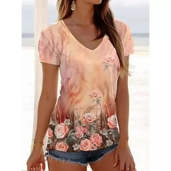 Женская футболка с цветочным принтом, повседневная, с коротким рукавом, с V-образным вырезом, обычные топы, повседневный принт, розового цвета, лето-весна S