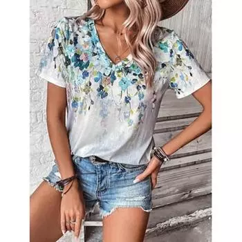 Женская футболка с цветочным принтом, повседневная, стильная, повседневная, с коротким рукавом, с V-образным вырезом, серая, летняя S
