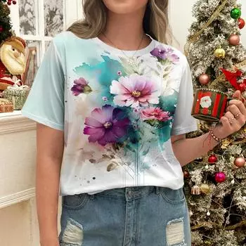 Женская футболка с цветочным принтом розового фиолетового синего цвета - повседневный летний стиль с коротким рукавом и акварельным рисунком S