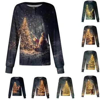 Женская футболка с цветочным принтом, рукавом три четверти, рождественским принтом, воротником на пуговицах, верхняя часть, нижняя часть рубашки S