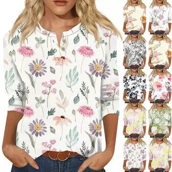 Женская футболка с цветочным принтом, рукавом три четверти, застегивающаяся на пуговицы L серый