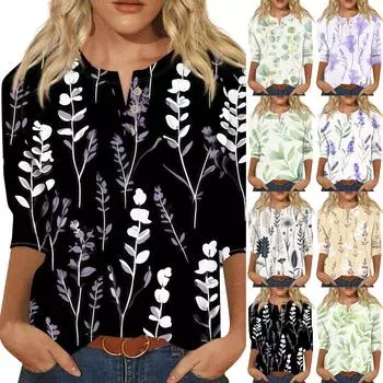 Женская футболка с цветочным принтом, рукавом три четверти, воротником на пуговицах, нижняя часть рубашки L темно-фиолетового