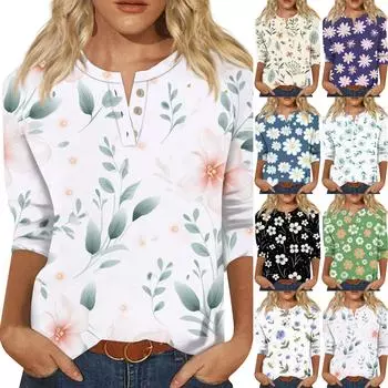 Женская футболка с цветочным принтом, рукавом три четверти, воротником на пуговицах, нижняя часть рубашки M фиолетовый