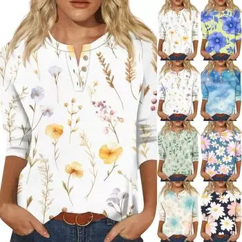Женская футболка с цветочным принтом, рукавом три четверти, воротником на пуговицах, нижняя часть рубашки XXXL киноварь
