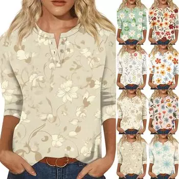 Женская футболка с цветочным принтом, рукавом три четверти, воротником на пуговицах, нижняя часть рубашки M винный