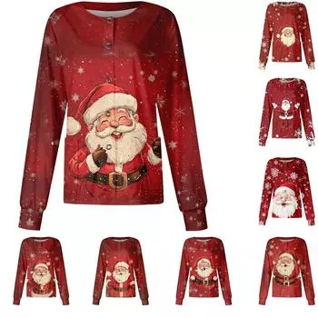 Женская футболка с цветочным принтом, рукавом три четверти, рождественским принтом, воротником на пуговицах, верхняя часть, нижняя часть рубашки XXXL фиолетовый