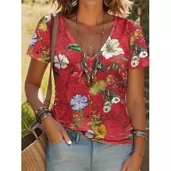 Женская футболка с цветочным принтом, стильная, повседневная, с коротким рукавом, с V-образным вырезом, обычная, повседневная, с принтом, винно-голубая, фиолетовая, радужная, бежевая, летняя S