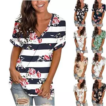 Женская футболка с цветочным принтом, свободная повседневная футболка с v-образным вырезом и графическим рисунком, летние топы с короткими рукавами, большие размеры S зелёный