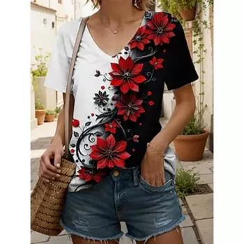 Женская футболка с цветочным принтом, винтажная, стильная, современная, с коротким рукавом, с V-образным вырезом, обычные топы, повседневный принт, лето S