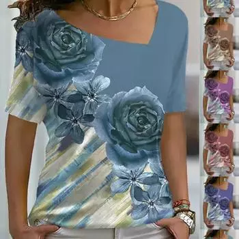 Женская футболка с цветочным рисунком и цветочным принтом розы, базовые топы с v-образным вырезом, футболка с короткими рукавами, S-8XL/3D-печать 8XL