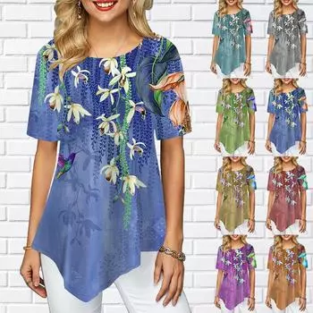 Женская футболка с цветочным тематическим принтом и графическим принтом с круглым вырезом, макси-топ, футболка с короткими рукавами XS-8XL/3D-печать S