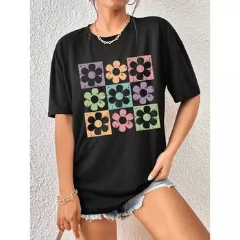 Женская футболка с девятью разноцветными хризантемами, уличная хип-хоп футболка с коротким рукавом оверсайз, повседневная одежда XS