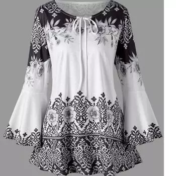 Женская футболка с длинным расклешенным рукавом и принтом, облегающая, с длинными рукавами, женская одежда больших размеров S чёрный