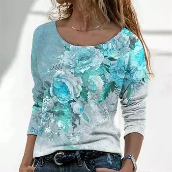 Женская футболка с длинным рукавом 2022, женские футболки с цветочным принтом, повседневные роскошные женские футболки, свободные Harajuku Y2k, одежда для девочек M