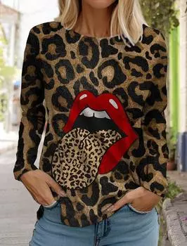 Женская футболка с длинным рукавом 2023, женские леопардовые футболки с принтом губ, повседневные роскошные женские футболки, свободная одежда Y2k для девочек 2XL