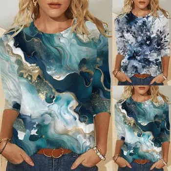 Женская футболка с длинным рукавом 2024, женские модные футболки с цветочным принтом, повседневные роскошные женские футболки, свободная одежда для девочек XXS