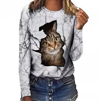Женская футболка с длинным рукавом Cat Case Цифровая 3D-печать Женская уличная спортивная футболка Топ Футболки с изображением кошек S