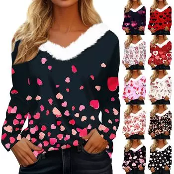 Женская футболка с длинным рукавом для вечеринки ко Дню святого Валентина, флисовый воротник, топ с v-образным вырезом L розовый