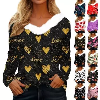 Женская футболка с длинным рукавом для вечеринки ко Дню святого Валентина, флисовый воротник, топ с v-образным вырезом XL белый