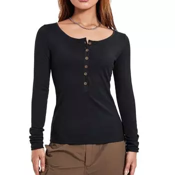 Женская футболка с длинным рукавом и круглым вырезом на пуговицах, однотонная, облегающая, женские топы на каждый день L