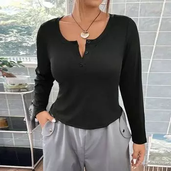 Женская футболка с длинным рукавом и круглым вырезом, облегающий черный короткий топ. Удобный и дышащий топ. Стильная базовая футболка больших размеров для поездок на работу. XL чёрный