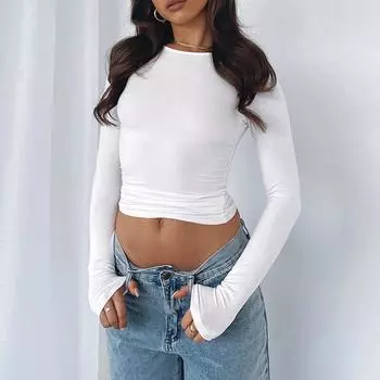 Женская футболка с длинным рукавом и круглым вырезом Spice Girl, весенне-осенние повседневные простые футболки, однотонные тонкие футболки 30428 XS белый