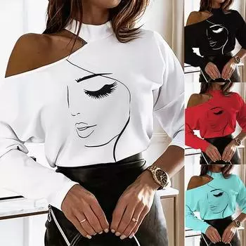 Женская футболка с длинным рукавом и круглым вырезом, сексуальная, с открытыми плечами, с абстрактным принтом персонажей M ярко-розовый