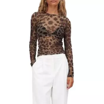 Женская футболка с длинным рукавом и круглым вырезом с леопардовым принтом, облегающие женские осенние топы, уличная одежда S