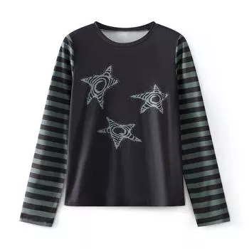 Женская футболка с длинным рукавом и круглым вырезом, со звездами и полосками, облегающая, уличная одежда на осень S чёрный