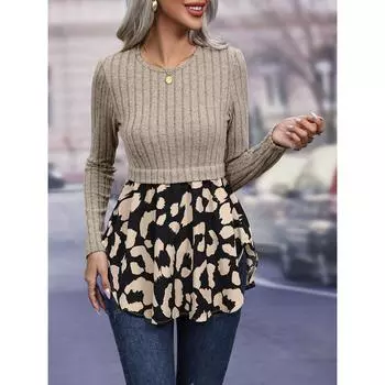 Женская футболка с длинным рукавом и круглым вырезом в стиле пэчворк с леопардовым принтом, повседневная трикотажная футболка в стиле пэчворк S серый