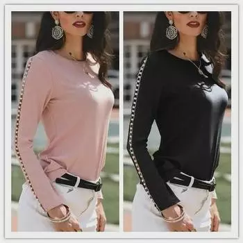 Женская футболка с длинным рукавом и круглым вырезом, расшитая бисером - Коллекция осень/зима 2021 г. Double XL