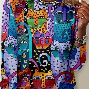 Женская футболка с длинным рукавом и модным графическим принтом — удобная модель с круглым вырезом для весны и осени — универсальный предмет гардероба с привлекательным дизайном S