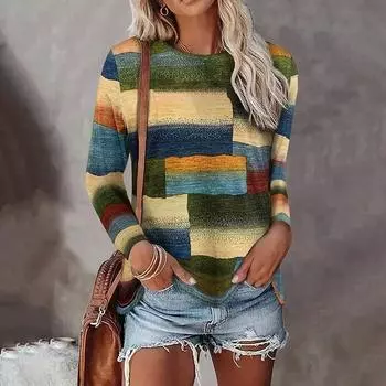 Женская футболка с длинным рукавом и полосатым принтом, женская свободная одежда, повседневная уличная одежда с круглым вырезом, футболки, топы S