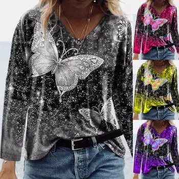 Женская футболка с длинным рукавом и принтом бабочек, повседневный флуоресцентный цвет, V-образный вырез 2XL фиолетовый