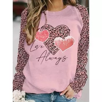 Женская футболка с длинным рукавом и принтом Heart LOVE размера Plus - повседневный топ с круглым вырезом для удобной повседневной носки на День святого Валентина XXS розовый