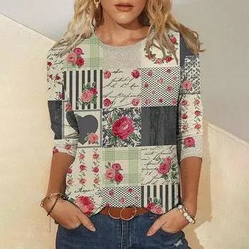 Женская футболка с длинным рукавом и принтом в клетку в стиле ретро, повседневная блузка с круглым вырезом для женщин, модная одежда с принтом 2024 года, новинка на осень/зиму S