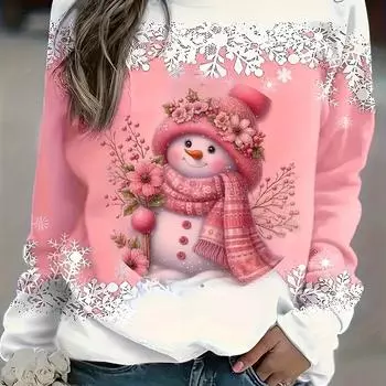 Женская футболка с длинным рукавом и принтом рождественского снеговика больших размеров - повседневная, с круглым вырезом, из эластичной полиэстеровой смеси, можно стирать в стиральной машине S
