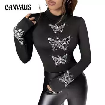 Женская футболка с длинным рукавом и принтом бабочки, черная, осенне-зимняя, горячая, буровая S чёрный