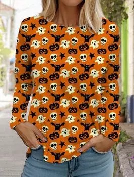 Женская футболка с длинным рукавом и рисунком в виде головы тыквы на Хэллоуин 2024 года, модный женский топ в стиле Харадзюку, одежда S