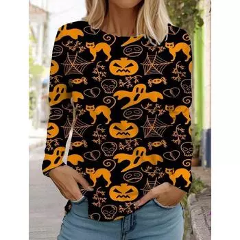 Женская футболка с длинным рукавом и рисунком в виде головы тыквы на Хэллоуин, осенняя мода, женский топ, пуловер в стиле Харадзюку, одежда S