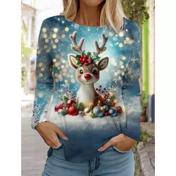 Женская футболка с длинным рукавом и рождественским принтом оленей, спортивный повседневный милый полиэстер с круглым вырезом и длинным рукавом S