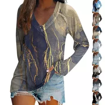 Женская футболка с длинным рукавом и v-образным вырезом, повседневный топ с цветочным принтом и принтом тай-дай M кофейный